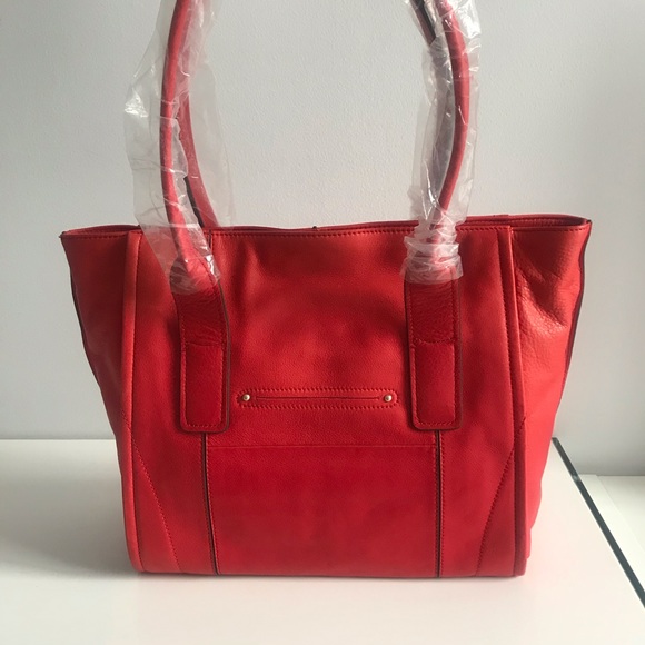 B.Makowsky Lipstick Red Golden Hardware Soft Genuine Leather Large Tote Bag - Picture 5 of 16